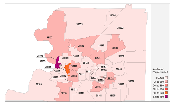 FIGURE 6: Stewards of Children™ Participants by Work Zip Code, Shelby County, 2012
