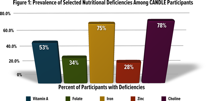 Figure 1: Prevalence of Selected Nutritional Deficiencies Among CANDLE Participants. Based on age-specific Dietary Reference Intakes from: Institute of Medicine, Dietary Reference Intakes for Energy, Carbohydrate, Fiber, Fat, Fatty Acids, Cholesterol Protein, and Amino Acids. Washington, DC: National Academies Press; 2005.
